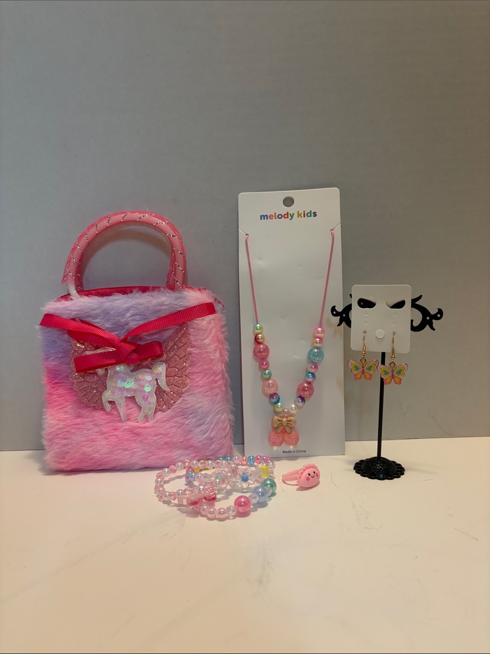 Melody Kids Pink Pastel Fuzzy Unicorn Purse & Jewelry Set